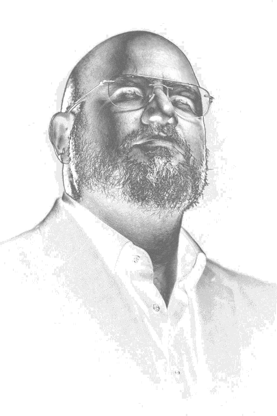Retrato em preto e branco de Gogo Cristo Neto, psicanalista, olhando para o alto