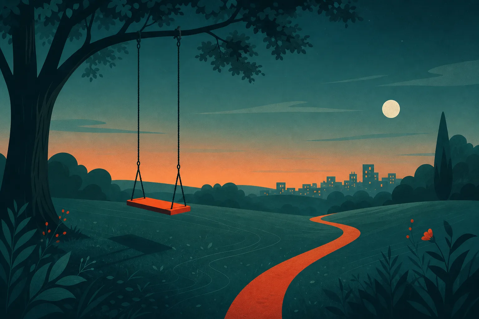 Ilustração de um balanço vazio num parque ao entardecer, com sombras longas no chão e a lua surgindo no céu.