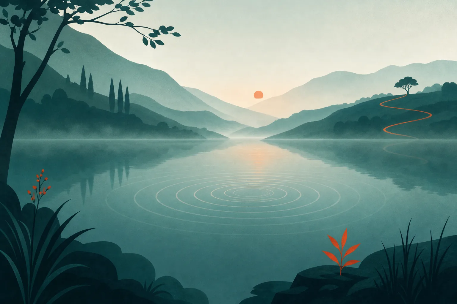 Ilustração de um lago calmo ao amanhecer, com um único círculo de ondas se abrindo na superfície sem causa visível.