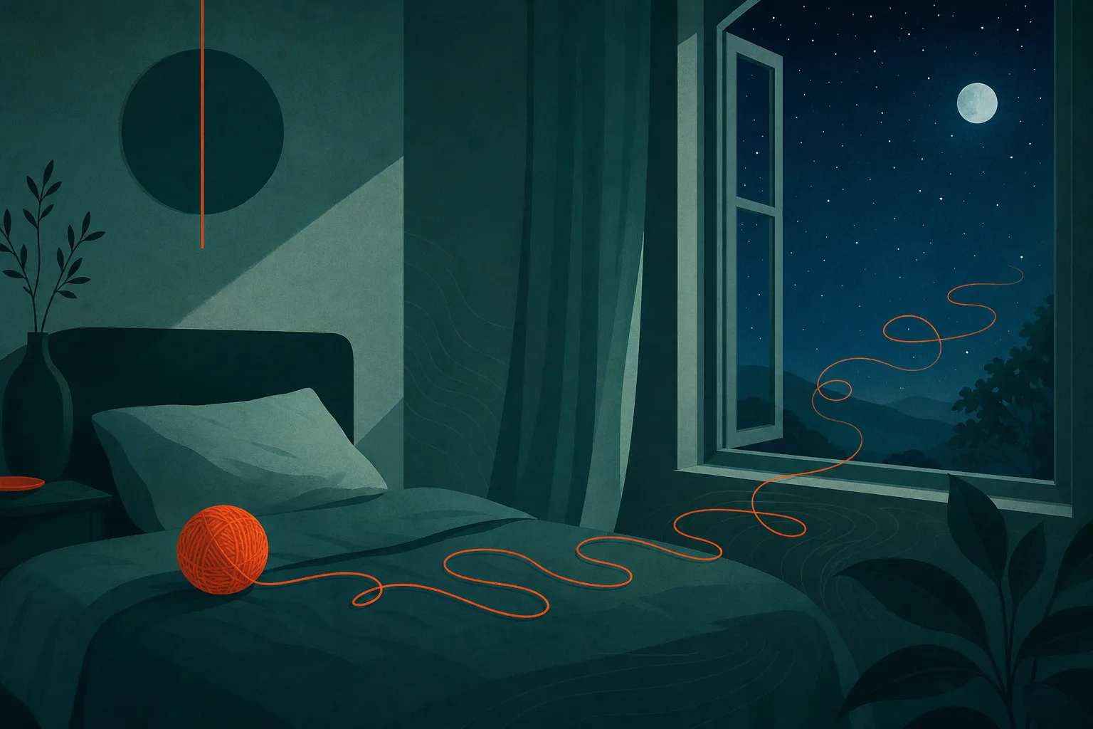 Quarto escuro com uma janela aberta para o céu estrelado e um novelo de lã desenrolado sobre a cama.
