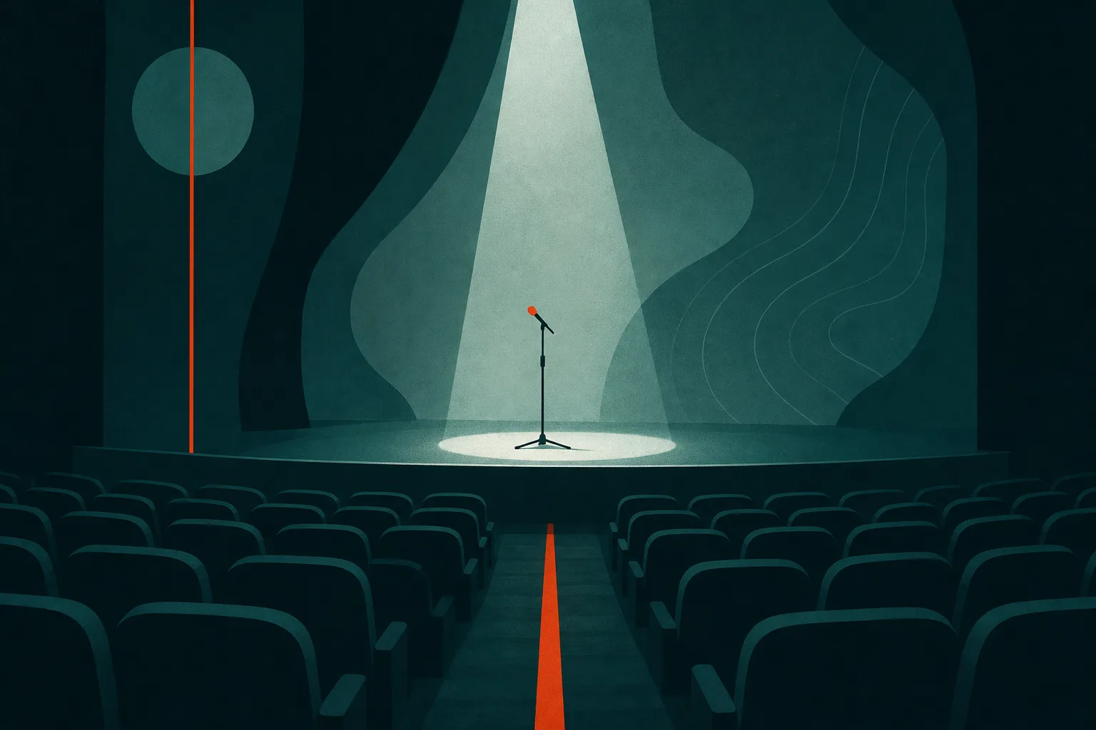 Palco iluminado por um único holofote sobre um pedestal de microfone vazio, diante de fileiras de cadeiras vazias.