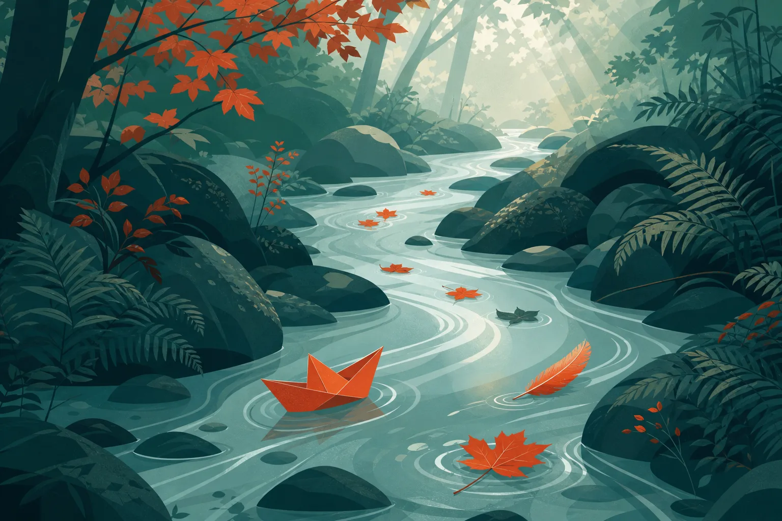 Ilustração de um riacho sinuoso descendo entre pedras, levando folhas coloridas que flutuam em direções diferentes.