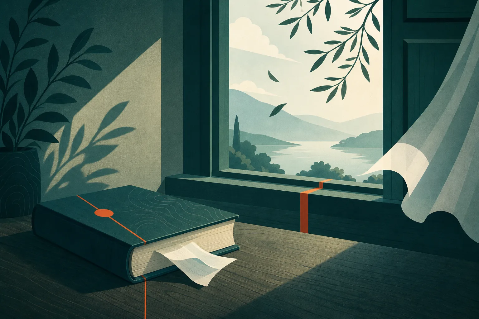 Livro fechado sobre uma mesa de madeira com um bilhete de papel escapando das páginas, levado pela brisa de uma janela aberta.