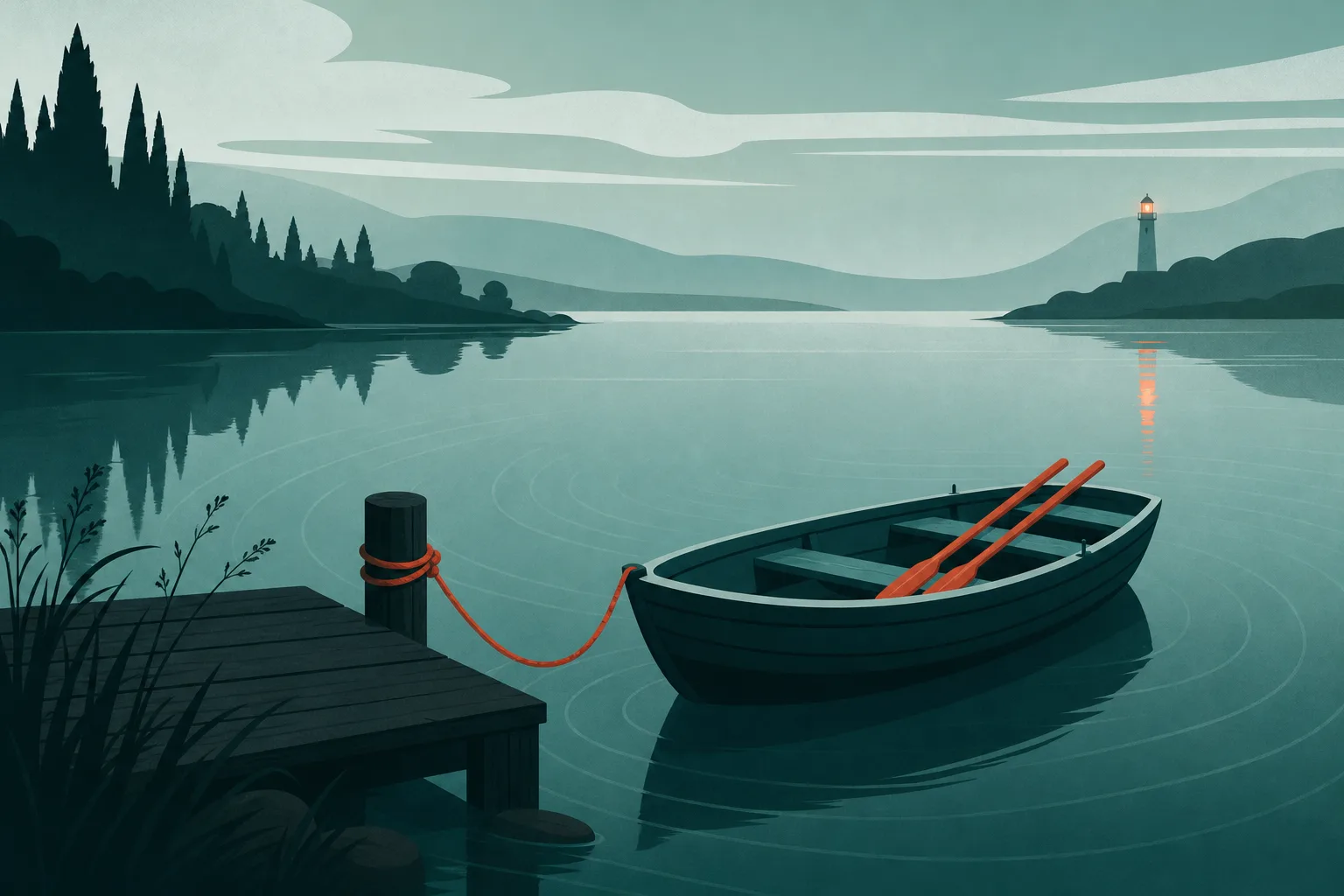 Ilustração de um barco a remo parado perto da margem, com a corda ainda amarrada a um poste e um farol aceso ao longe.