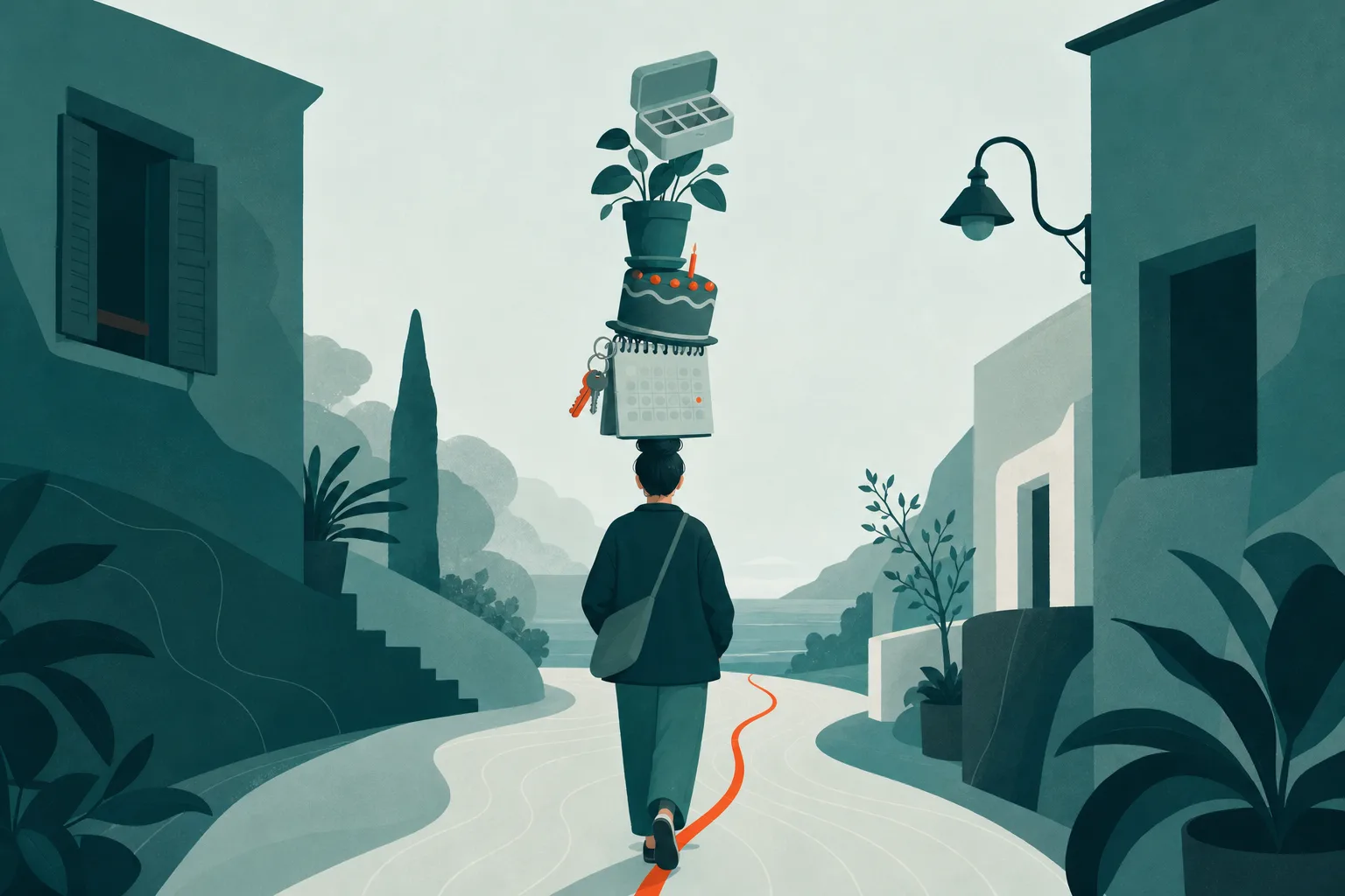 Ilustração de uma pessoa de costas equilibrando sobre a cabeça uma pilha de objetos do dia a dia, como calendário, chaves, bolo e vaso de planta.