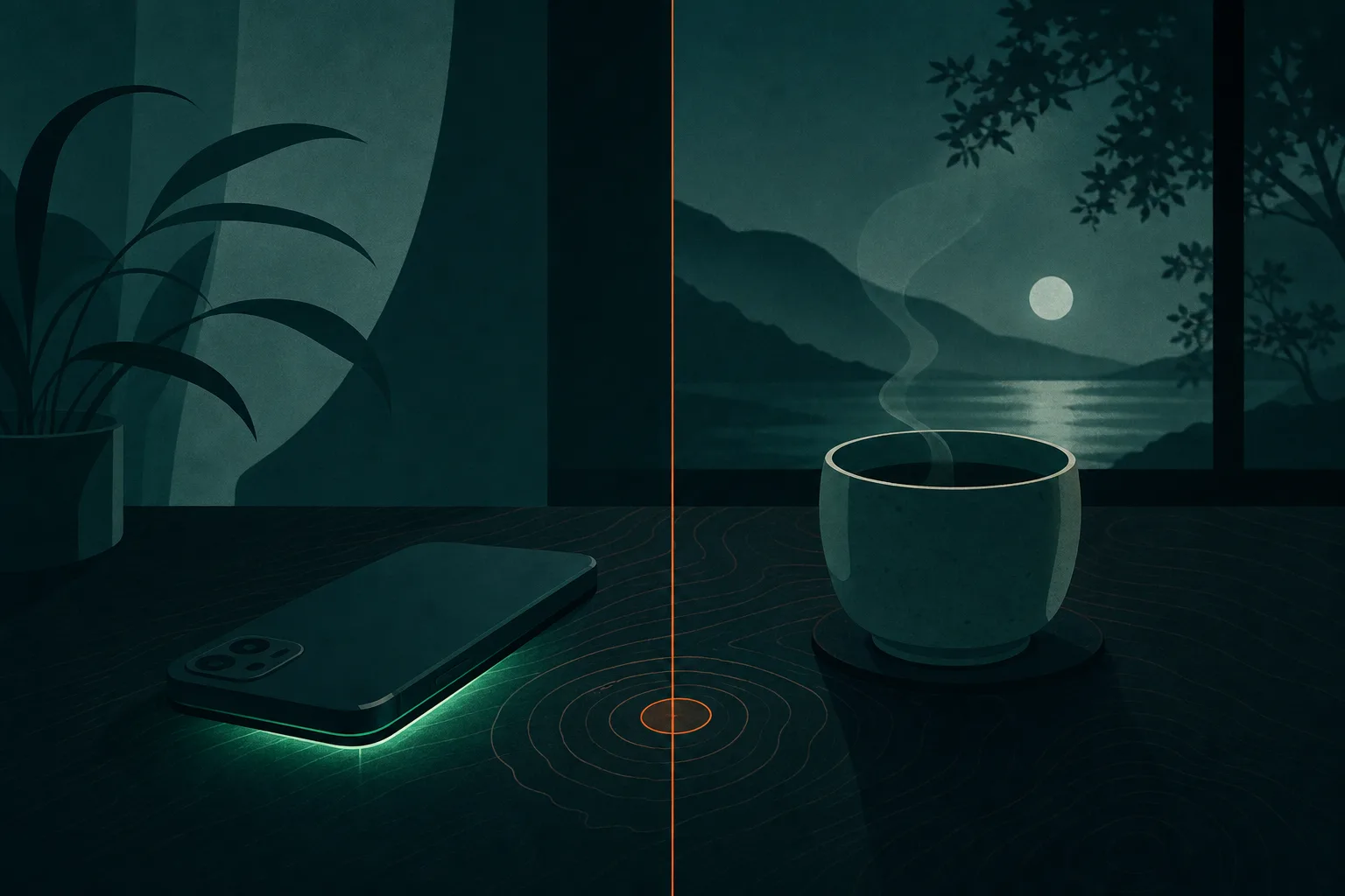 Um celular virado para baixo sobre uma mesa à noite, com uma luz verde acesa na borda e uma xícara de chá esfriando ao lado.