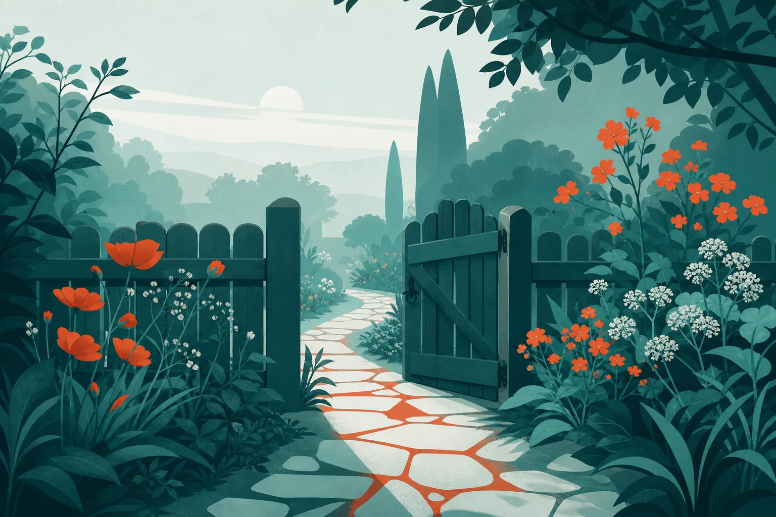 Ilustração de um portão de jardim de madeira entreaberto, com flores dos dois lados de uma cerca baixa.