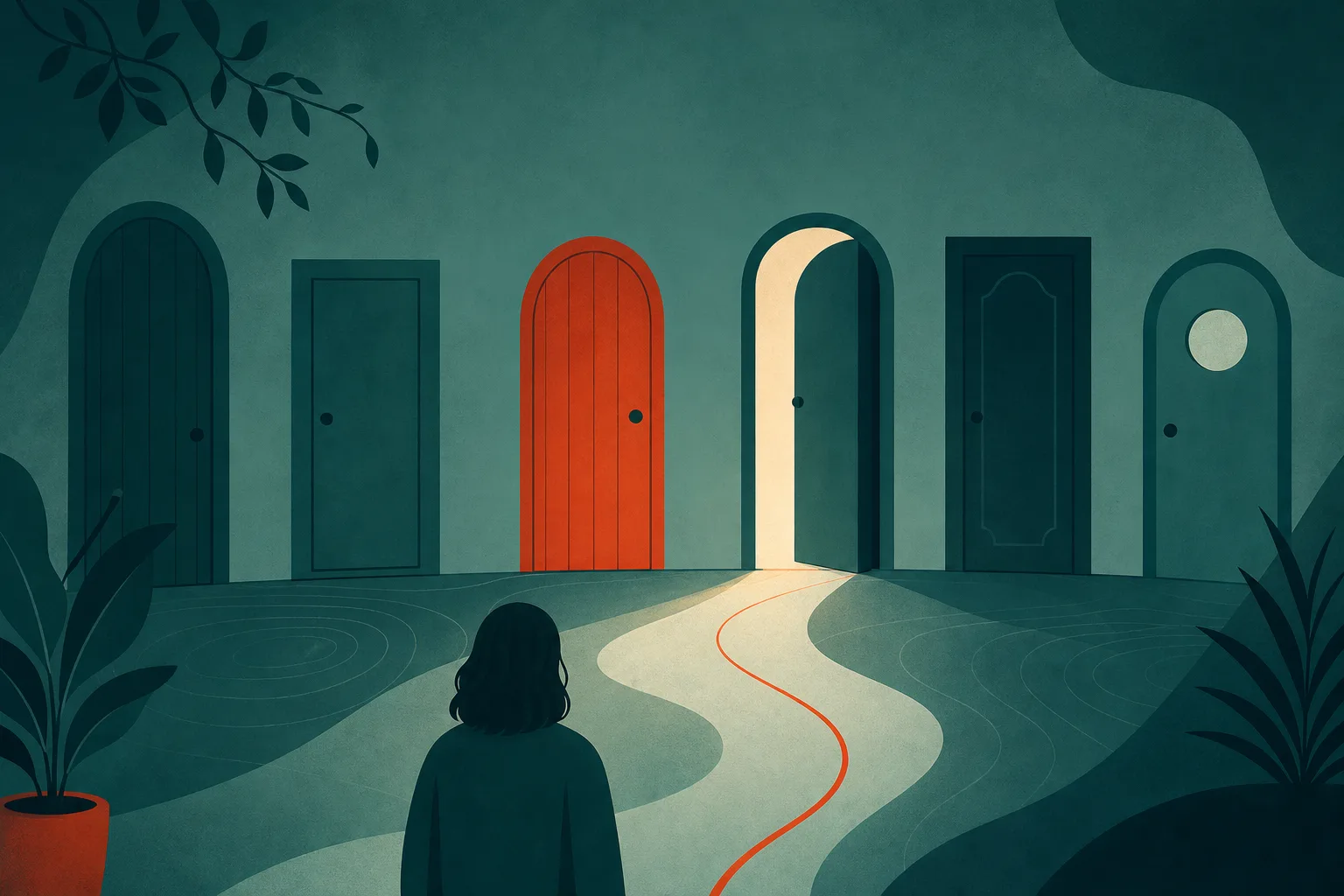 Ilustração de várias portas coloridas lado a lado num corredor iluminado, uma delas entreaberta deixando passar uma luz suave.