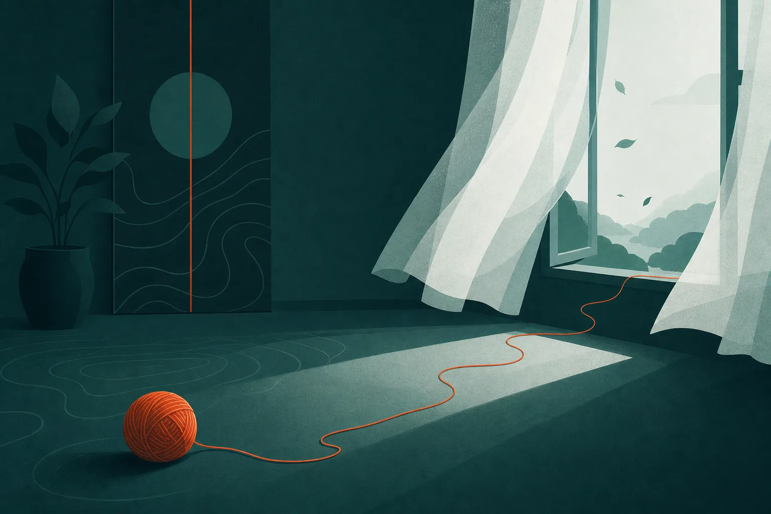 Ilustração de um novelo de lã enorme e emaranhado sobre uma poltrona, com um único fio solto que leva até uma janela aberta.