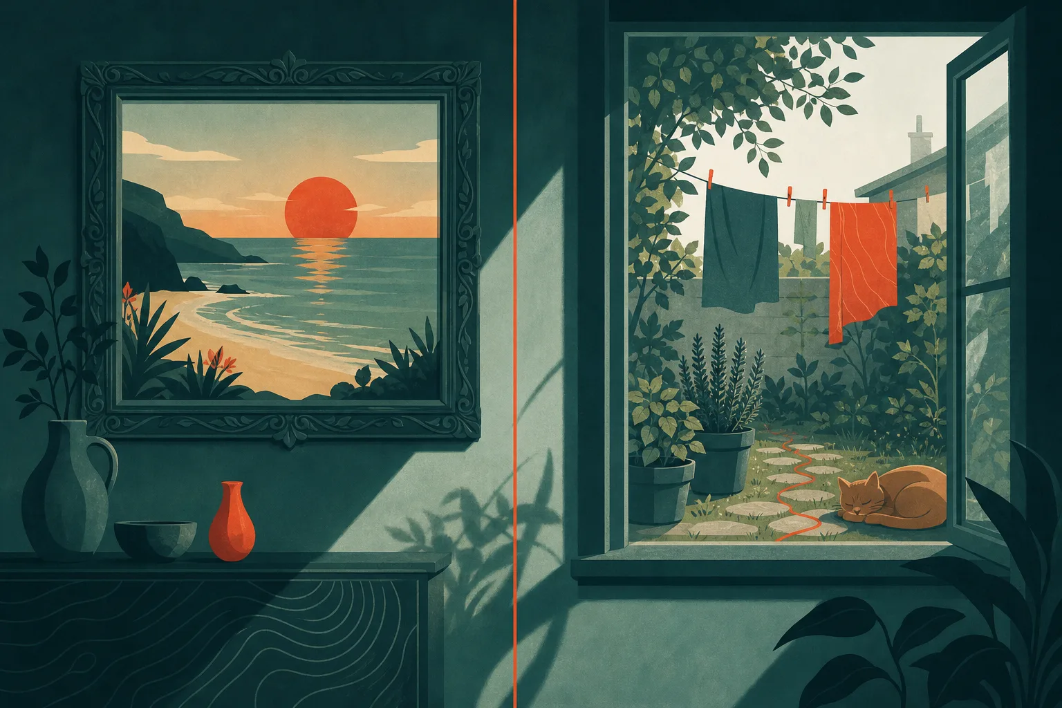 Ilustração de uma janela com uma moldura mostrando uma paisagem pintada e perfeita, enquanto ao lado aparece um quintal real, simples e cheio de vida.