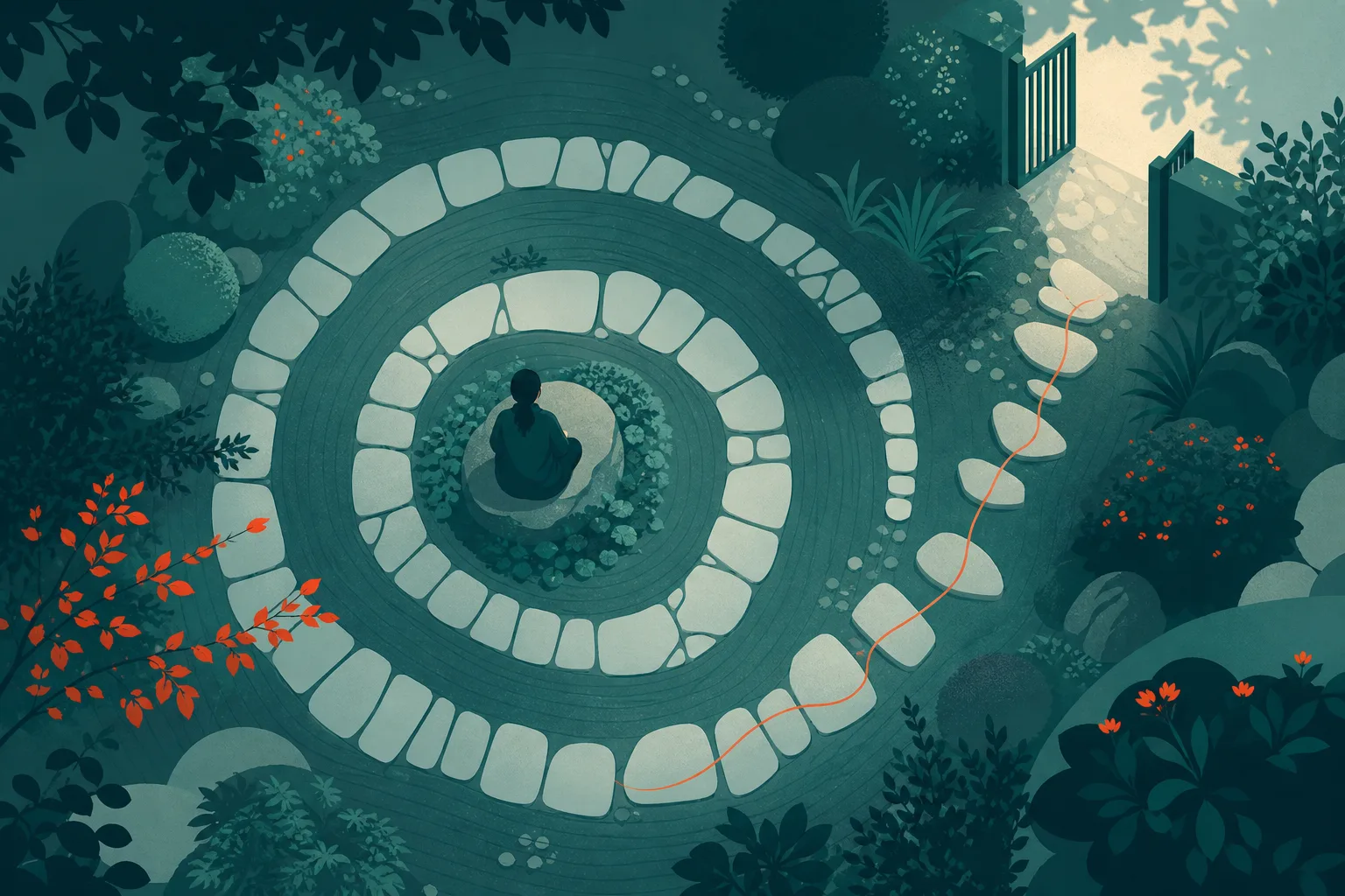 Um caminho de pedras em espiral num jardim, visto de cima, com uma pequena trilha nova saindo da espiral em direção a um portão aberto.