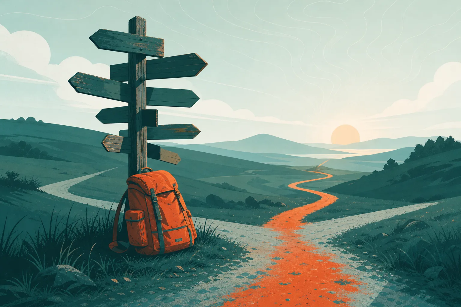 Mochila apoiada numa placa de estrada com várias setas apontando para direções diferentes ao entardecer.