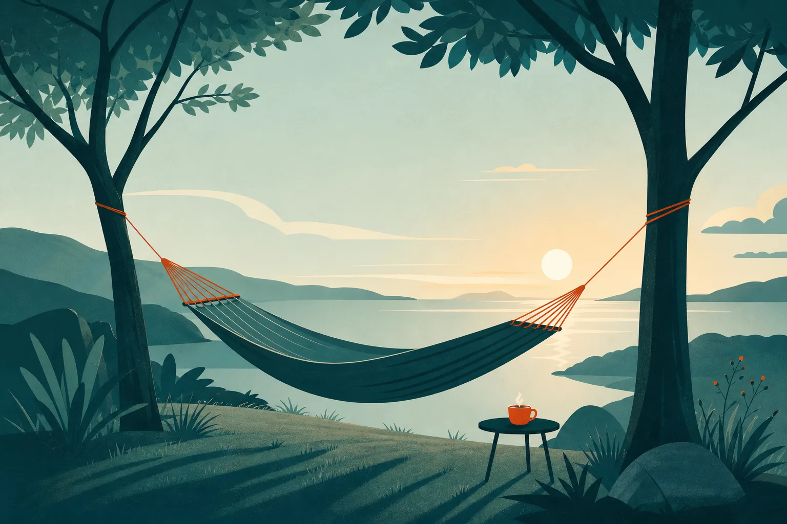 Ilustração de uma rede vazia pendurada entre duas árvores, balançando de leve sob a luz dourada do fim de tarde.