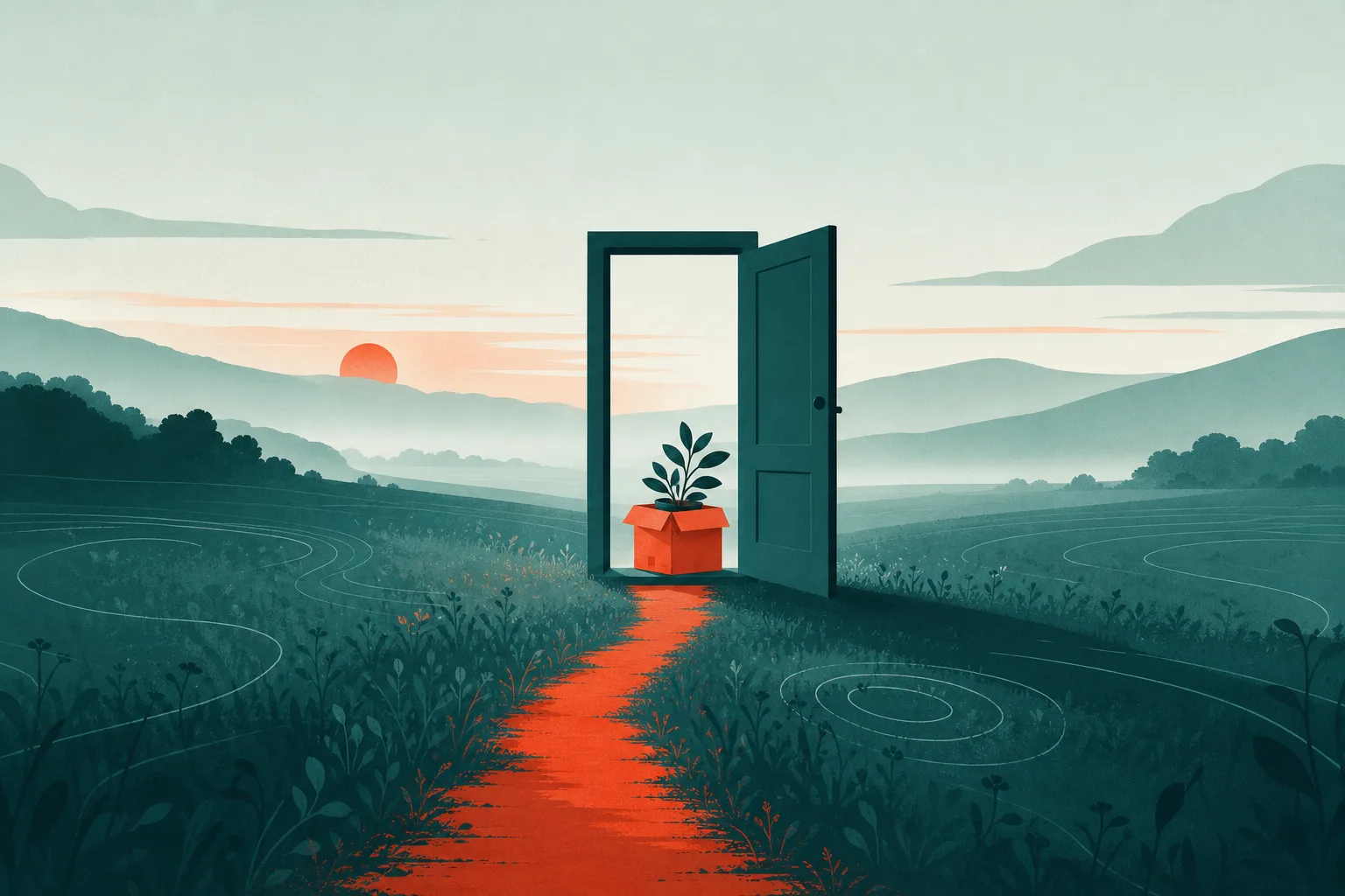Ilustração de uma porta aberta para um campo ao amanhecer, com uma caixa de papelão pousada na soleira.