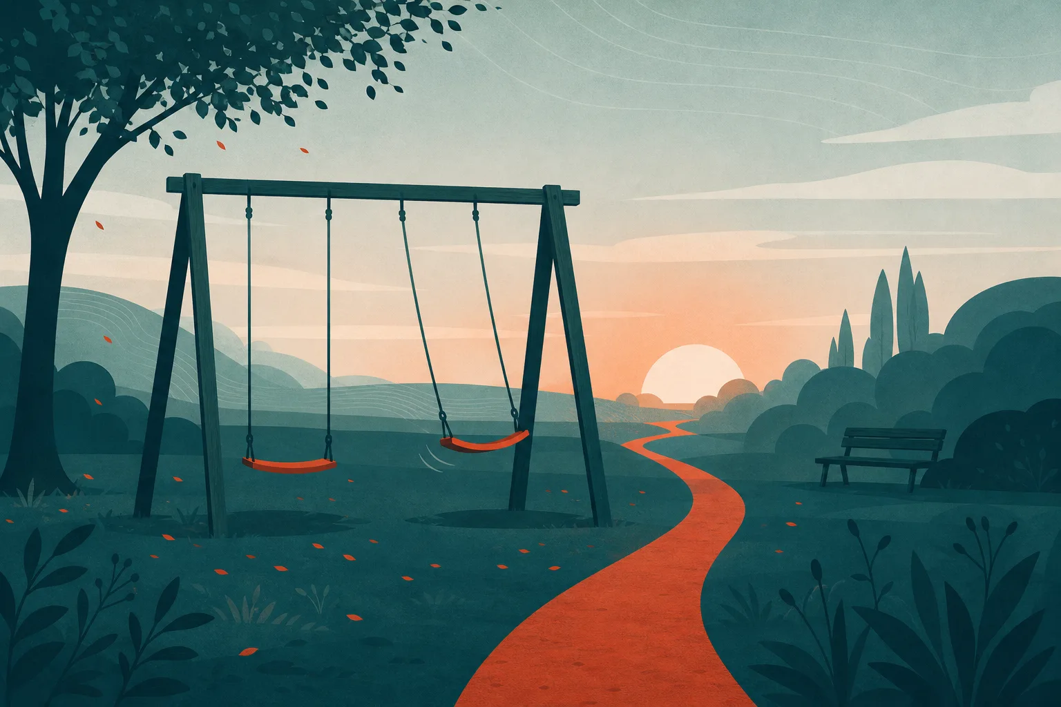 Ilustração de dois balanços lado a lado num parque ao entardecer, um deles parado e o outro ainda balançando levemente.