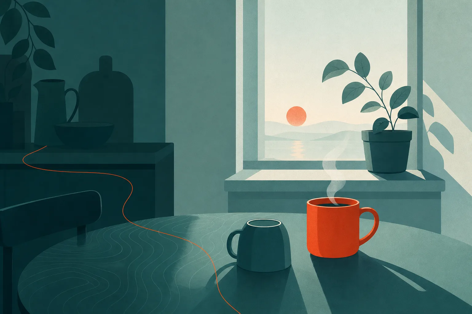 Ilustração de uma mesa com duas xícaras, uma delas virada para baixo, perto de uma janela por onde entra a luz da manhã.