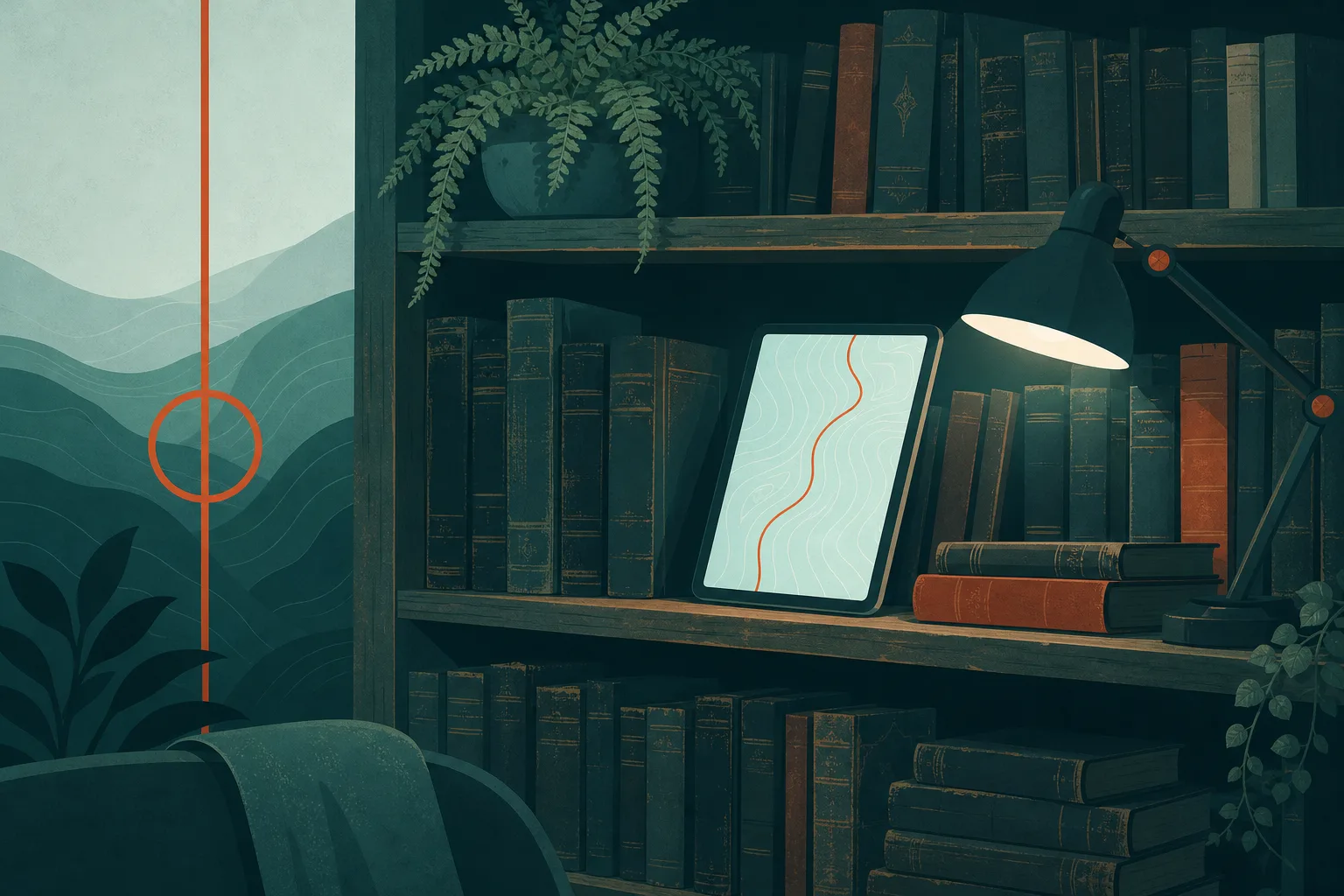 Uma estante antiga de madeira com livros, onde um tablet aceso está apoiado entre os volumes, sob a luz de uma luminária.