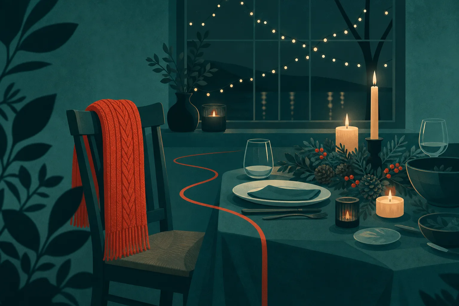 Uma mesa de ceia posta à luz de velas, com uma cadeira vazia onde repousa um cachecol, e luzinhas de Natal refletidas na janela.