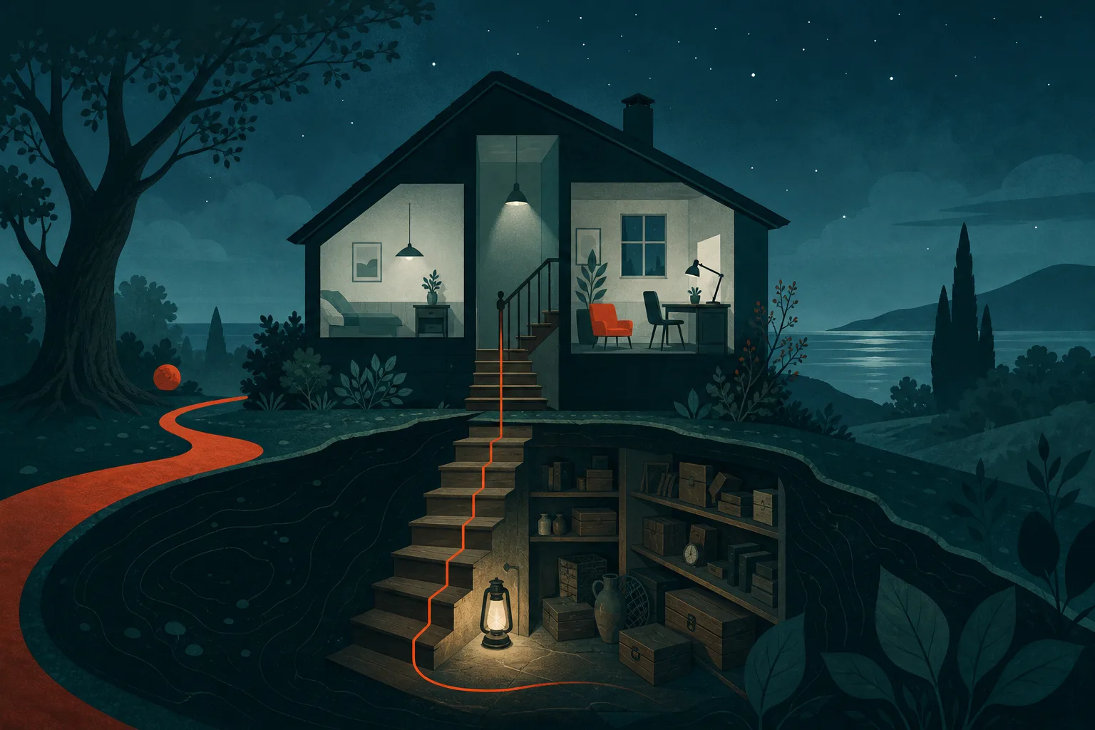 Ilustração de uma casa à noite com uma janela acesa e uma escada iluminada por uma lanterna descendo até o porão.