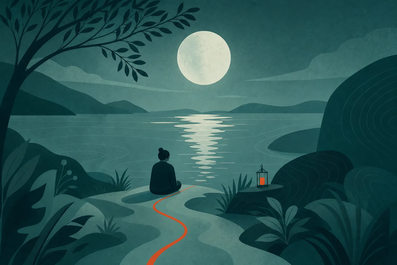 Ilustração de uma cama flutuando sobre um mar calmo à noite, com objetos do cotidiano boiando ao redor sob a lua.