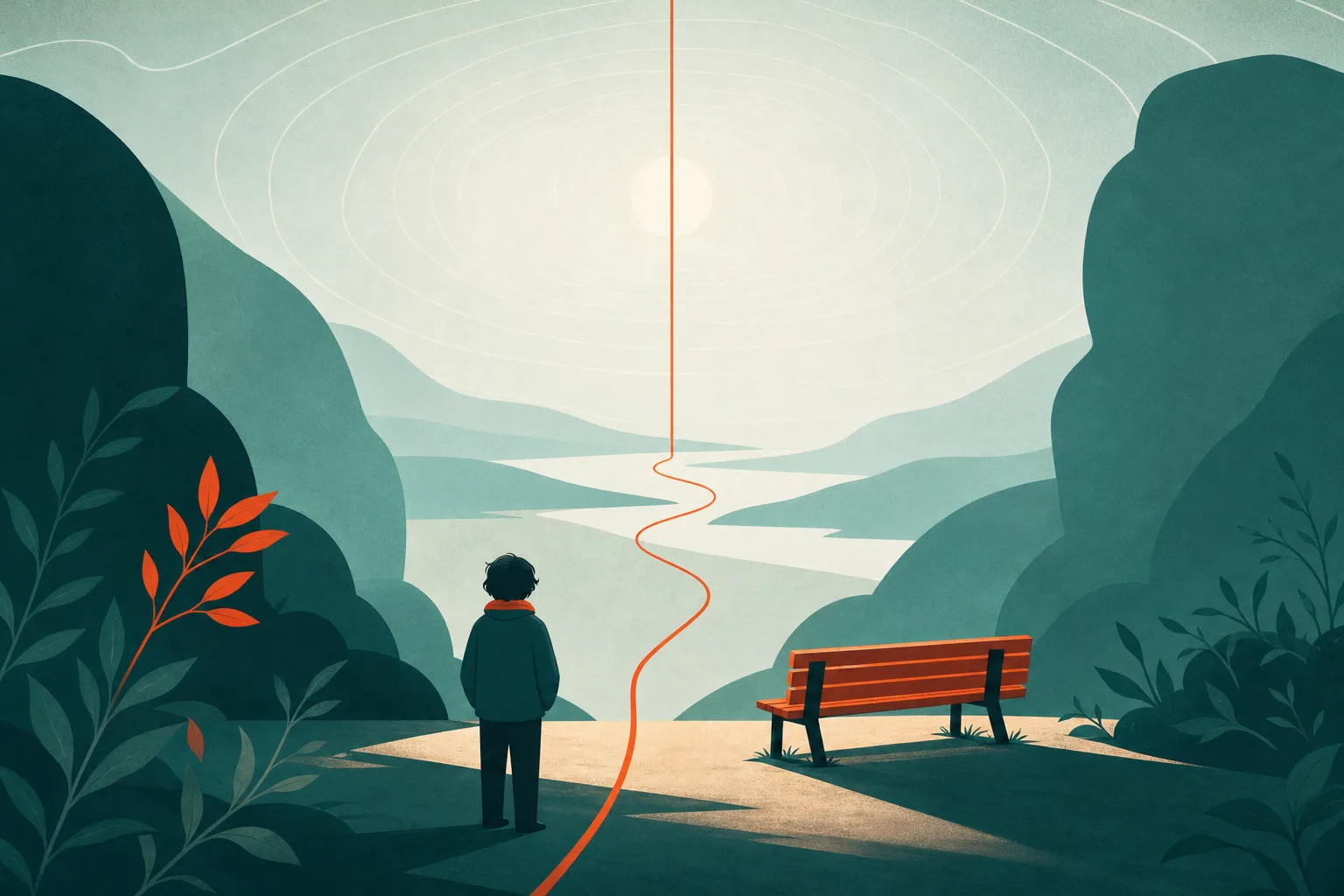 Ilustração de uma escada que sobe até as nuvens, com uma pequena figura de costas olhando para cima e um banco vazio ao pé da escada.