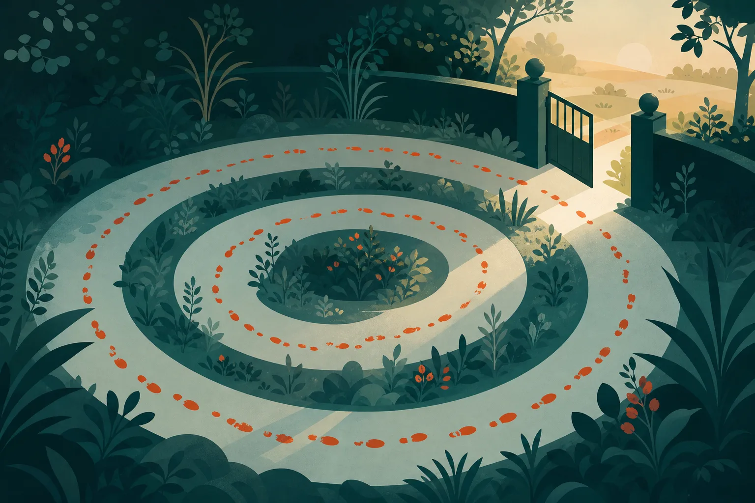 Ilustração de um caminho em espiral num jardim, com pegadas que dão voltas e uma pequena saída lateral iluminada.