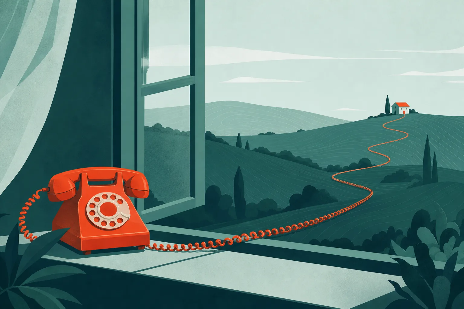 Telefone antigo com fio enrolado que sai por uma janela aberta e atravessa colinas até uma casinha distante.
