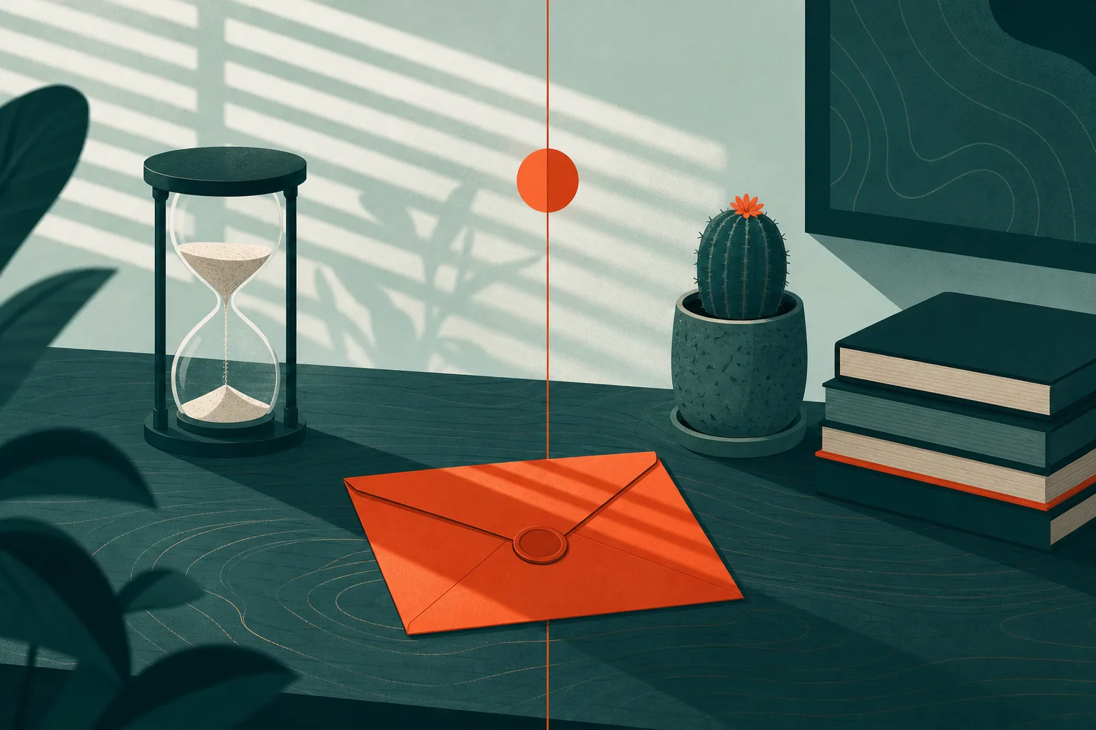Envelope fechado sobre uma mesa ao lado de uma ampulheta, com a areia escorrendo devagar sob uma luz de fim de tarde.