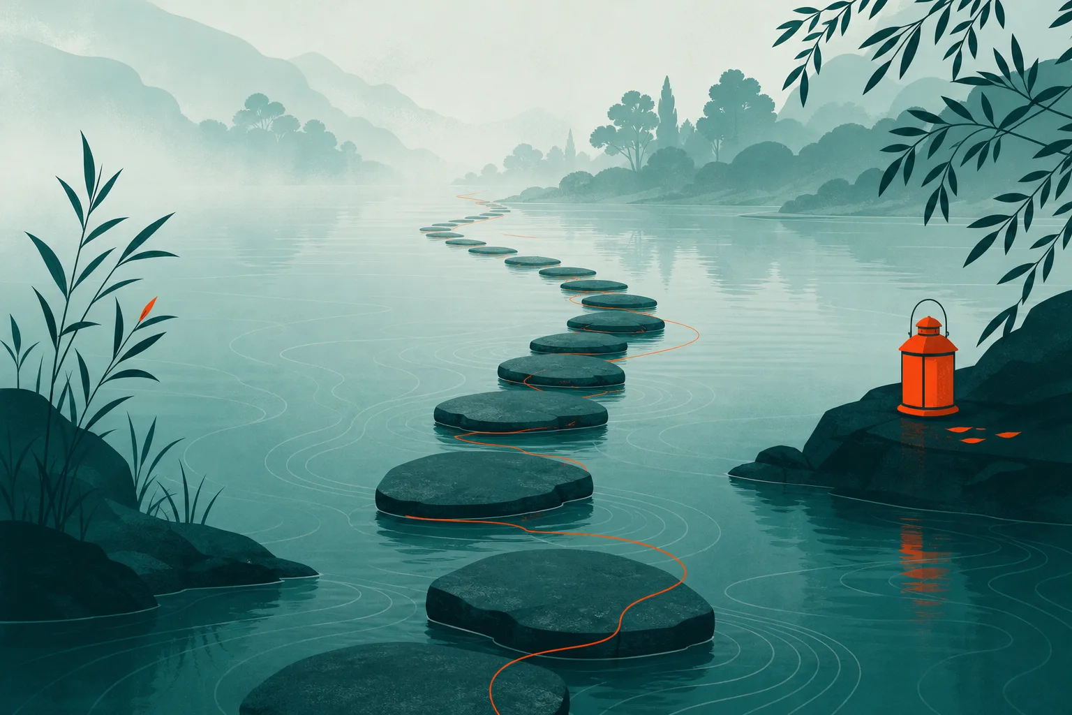 Ilustração de pedras dispostas como um caminho atravessando um rio tranquilo, sumindo suavemente na névoa da outra margem.