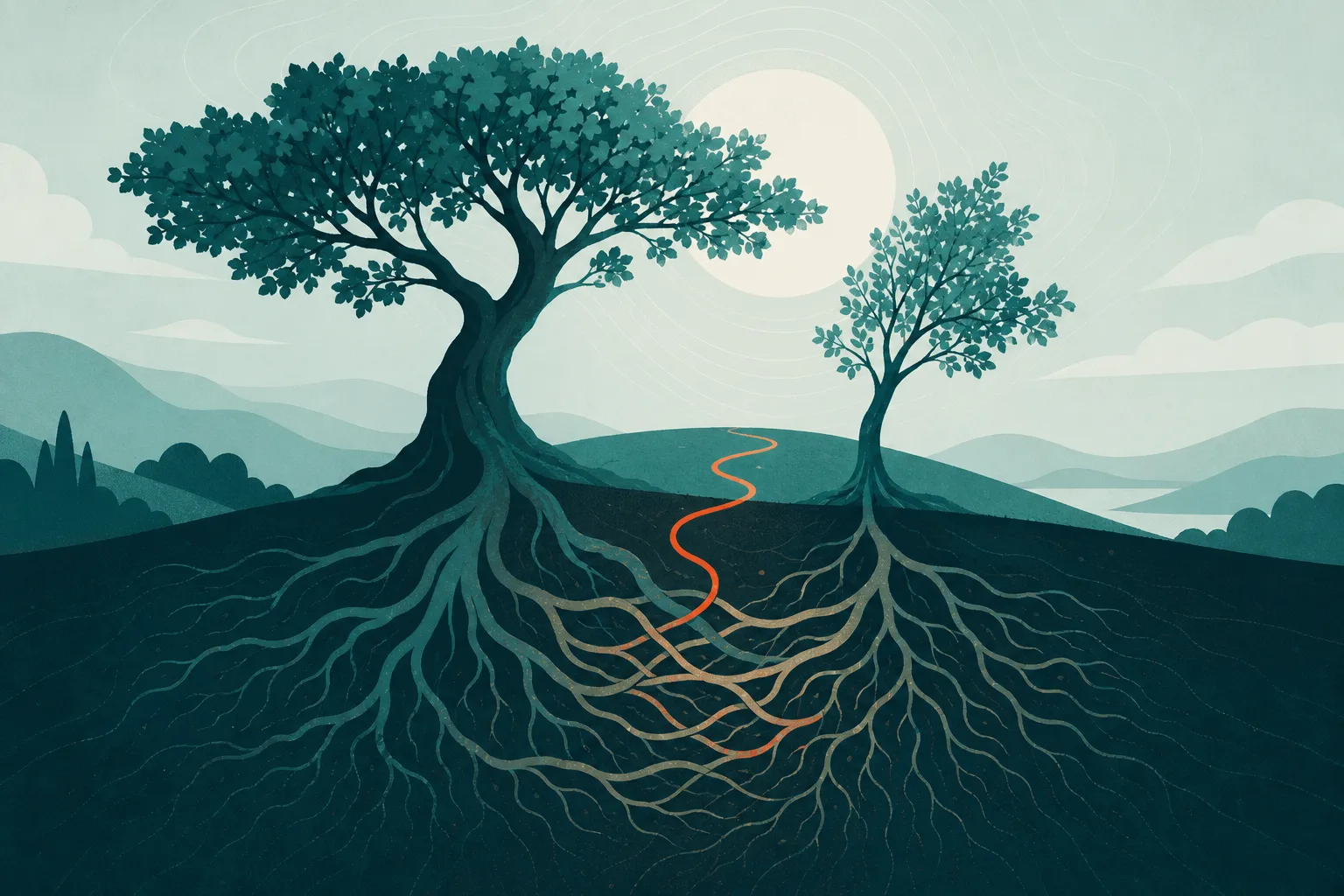 Uma árvore adulta ao lado de uma árvore mais velha, com raízes entrelaçadas sob a terra e copas que crescem em direções diferentes.
