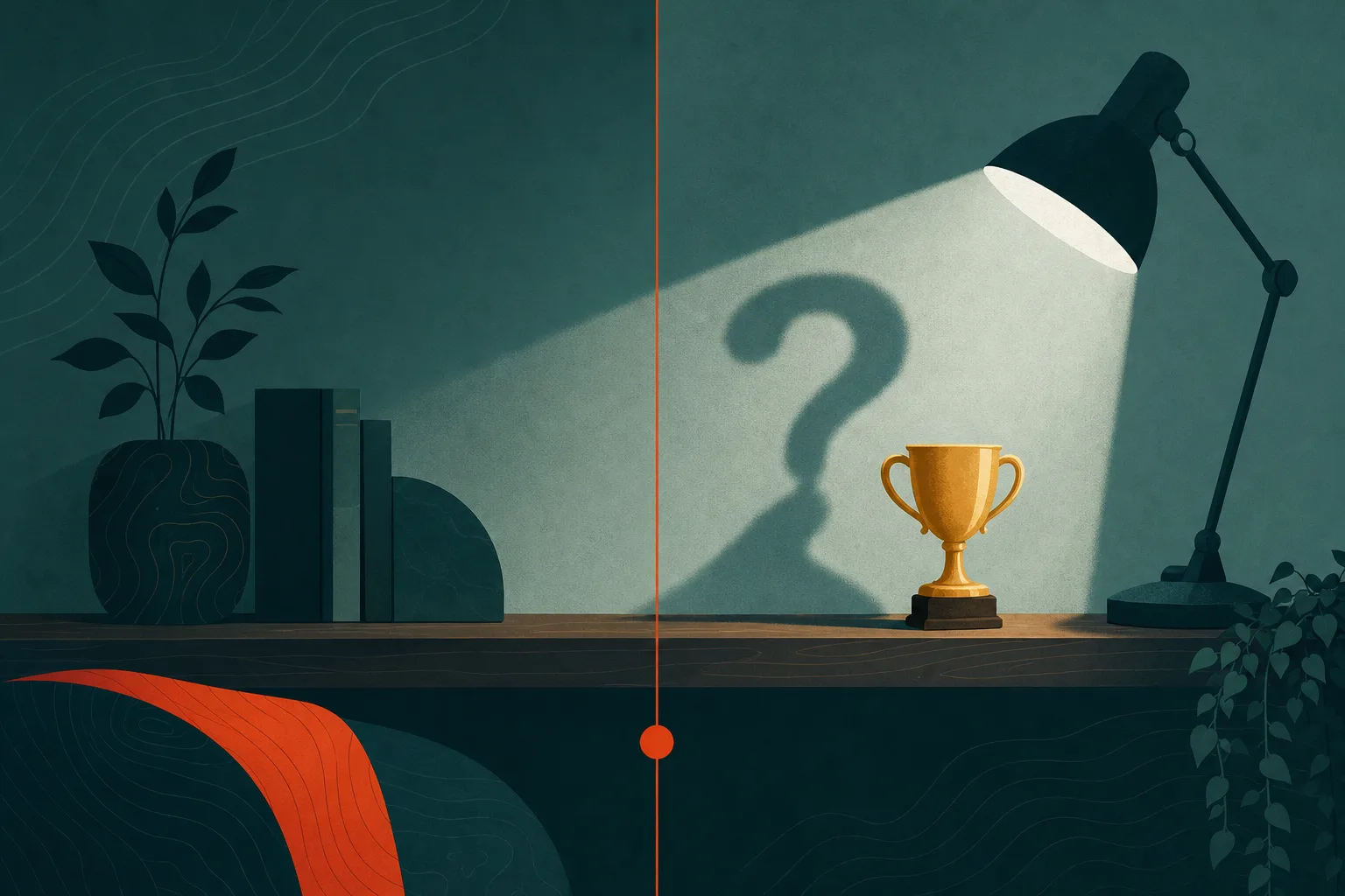 Um troféu dourado sobre uma prateleira, projetando na parede uma sombra comprida em forma de ponto de interrogação.