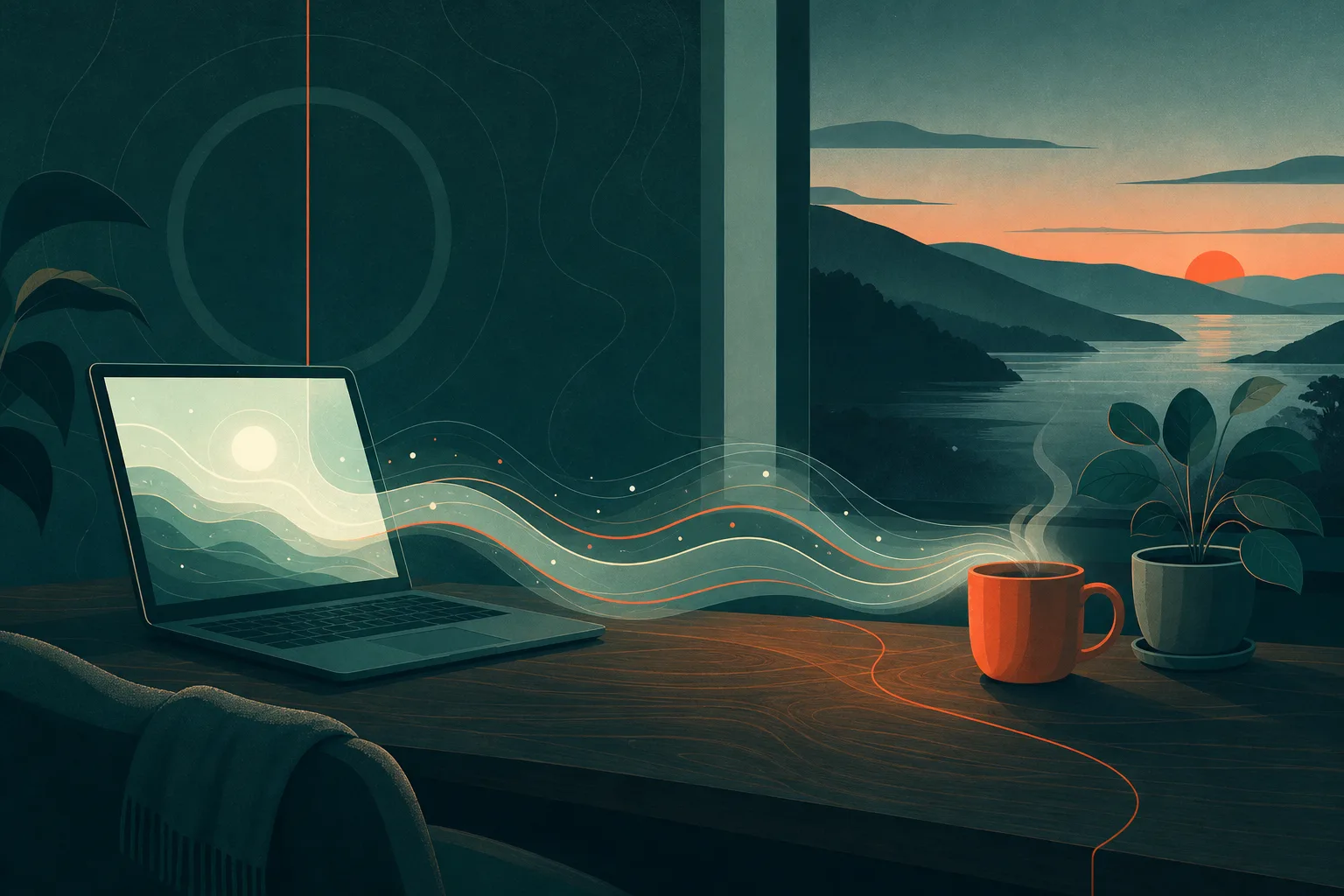 Ilustração de um notebook aberto sobre uma mesa, com uma luz suave saindo da tela e uma xícara de café ao lado, sugerindo uma conversa acolhedora à distância.