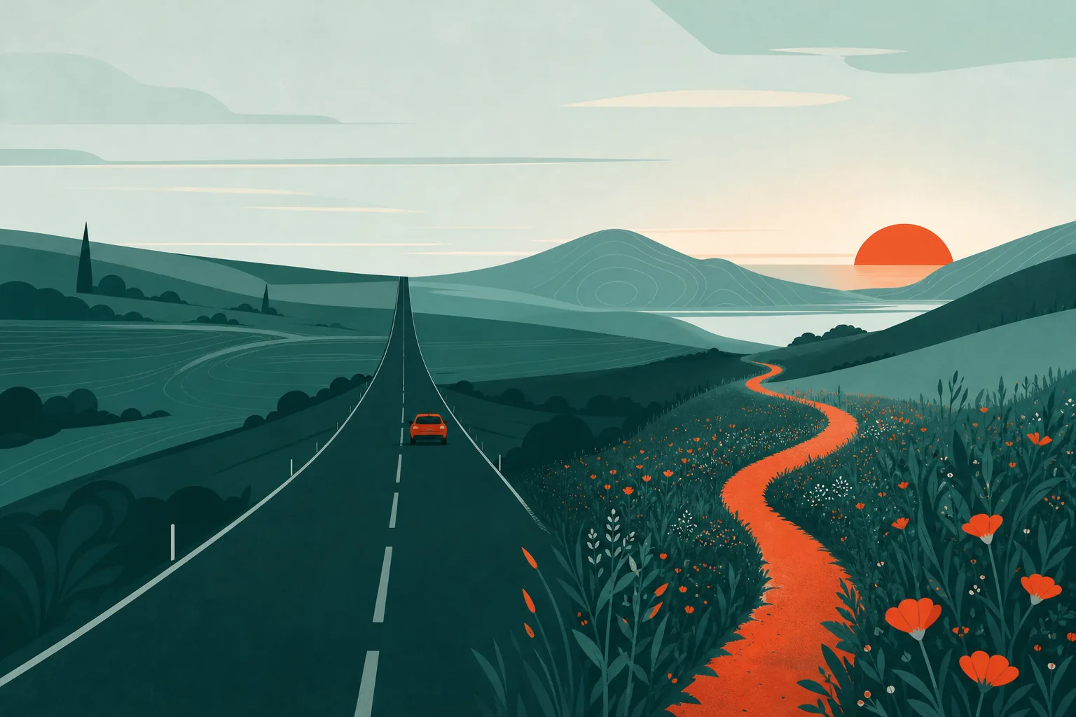 Ilustração de uma estrada reta com um carrinho seguindo em frente e uma trilha lateral florida que se abre em direção às colinas.